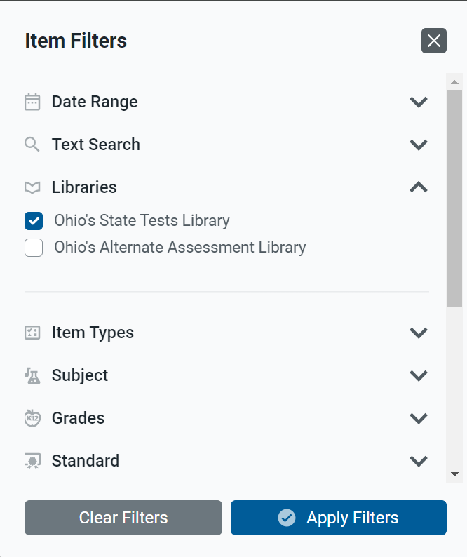 Item Filters panel with Libraries section expanded to display a list of Ohio libraries.